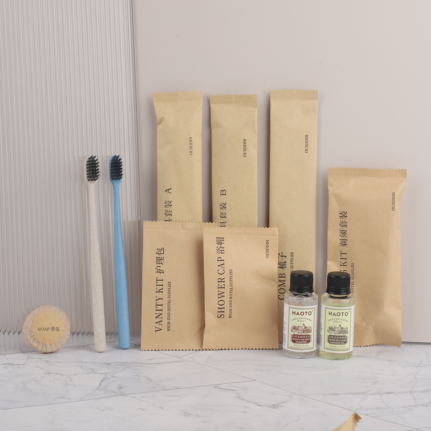 Custom Logo Disposable Toothbrush and Toothpaste Set Kraft Paper Bag Hotel Amenities Toothbrushes Hotel Supplies